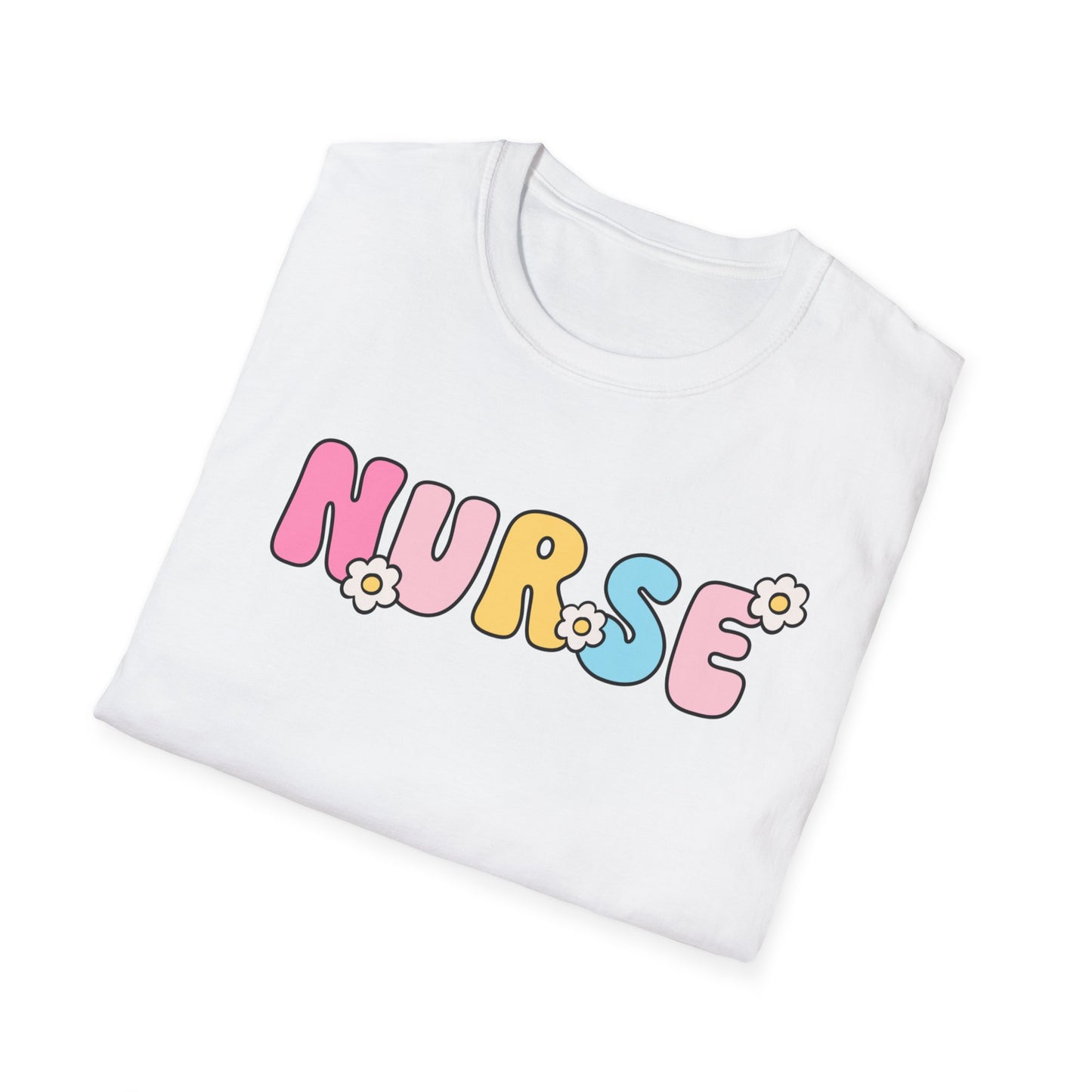 Nurse Daisy Retro Bubble Letter T-Shirt — Cute Pastel Floral Nursing Tee