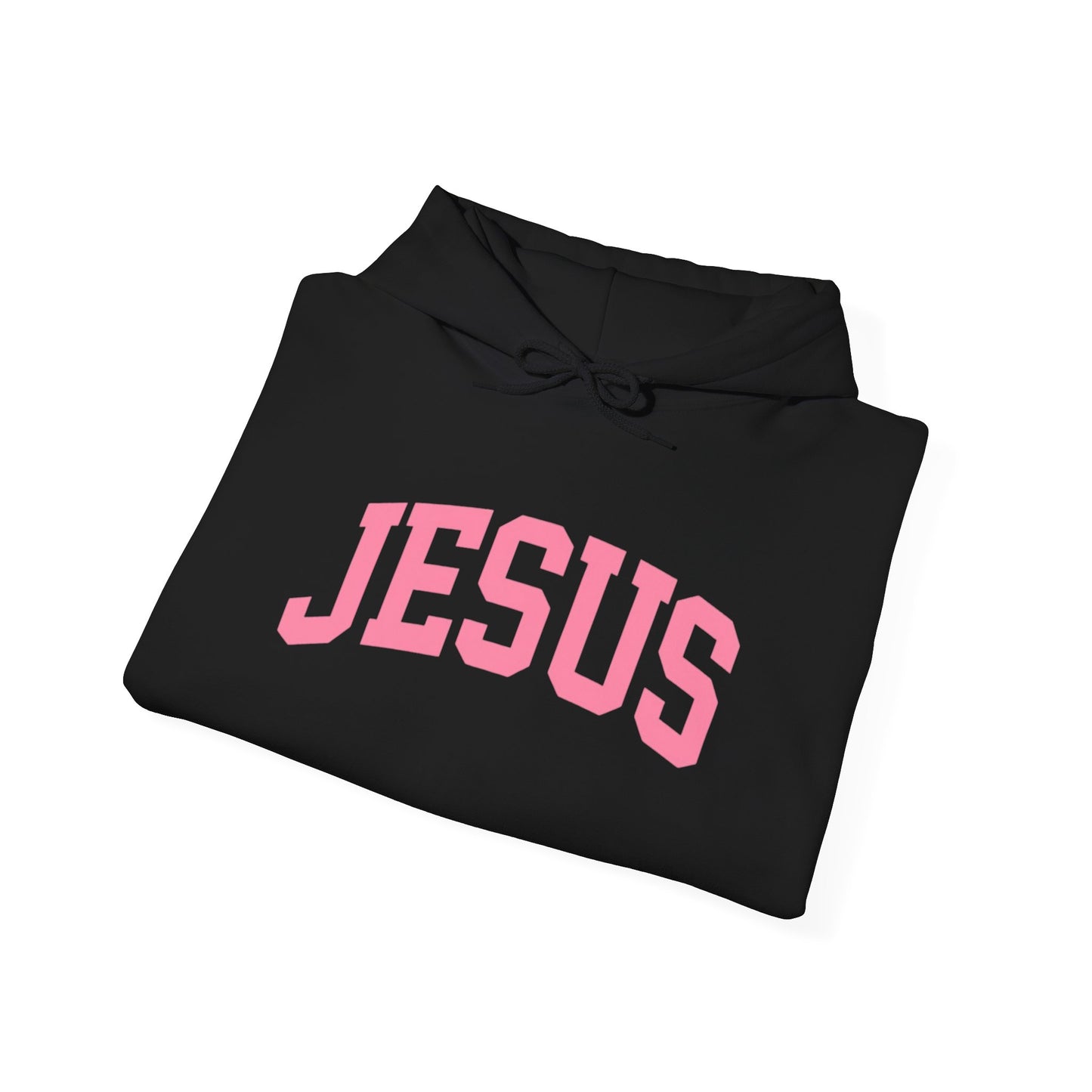 Jesus Arch Logo Hoodie — Pink Lettering Christian Faith Pullover
