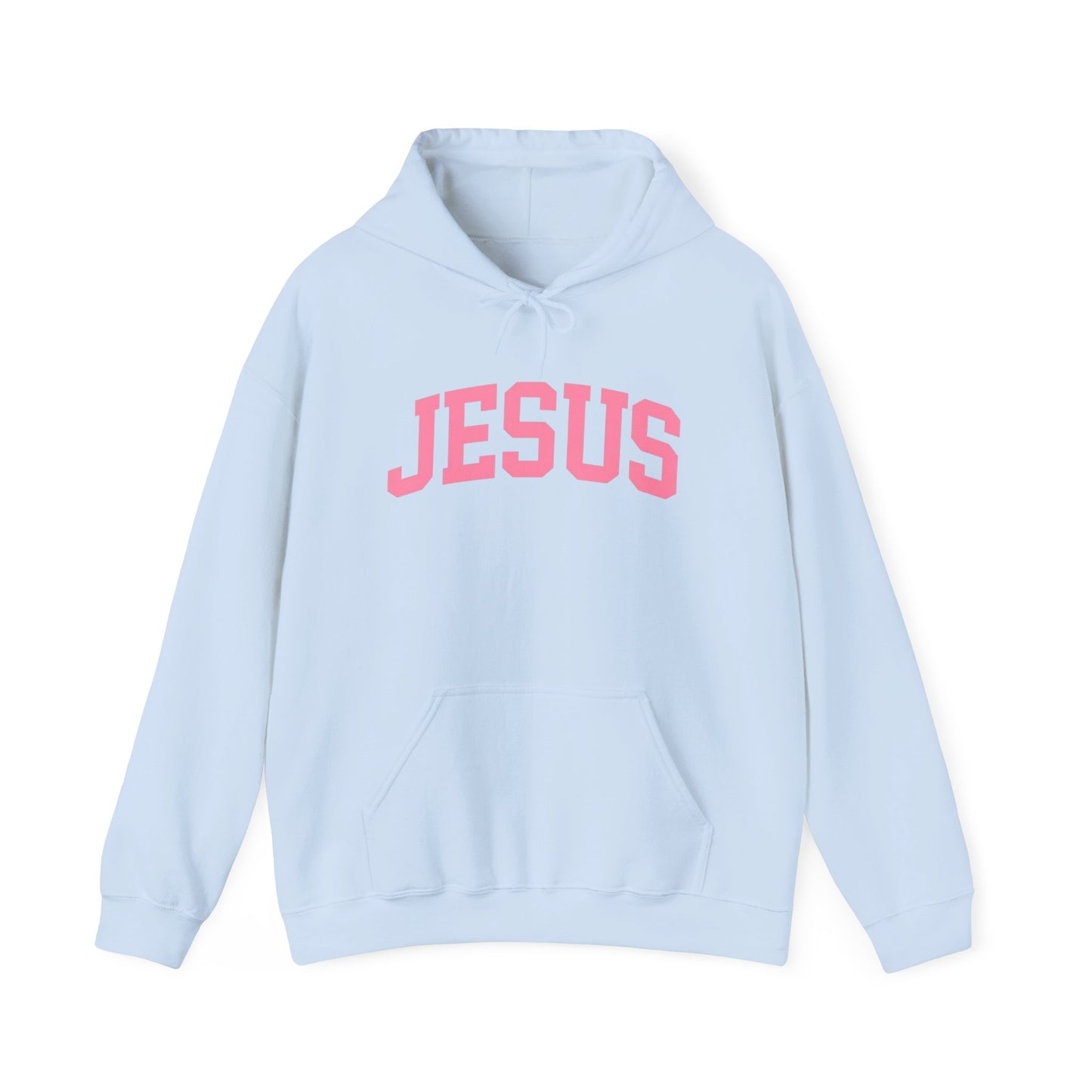 Jesus Arch Logo Hoodie — Pink Lettering Christian Faith Pullover
