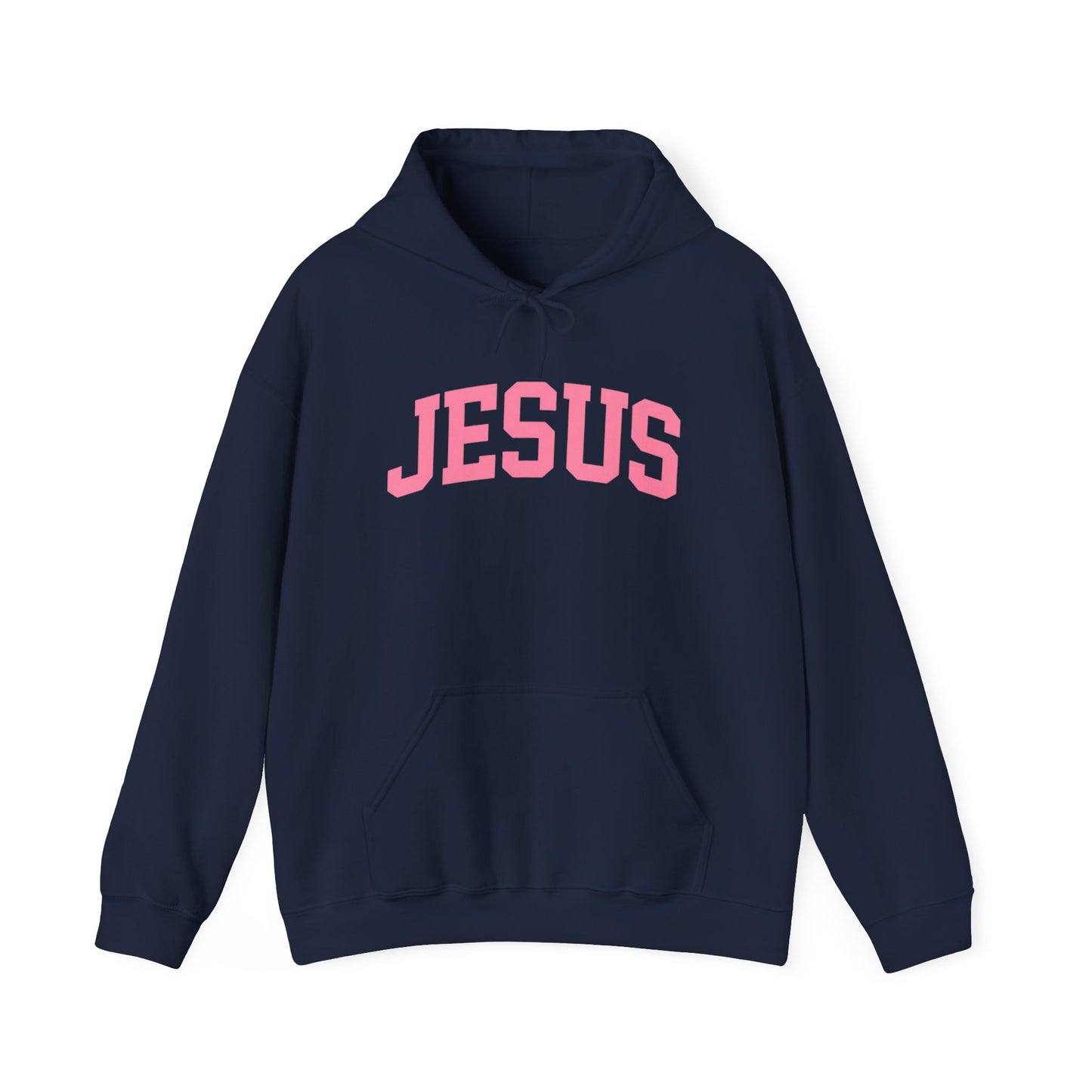 Jesus Arch Logo Hoodie — Pink Lettering Christian Faith Pullover