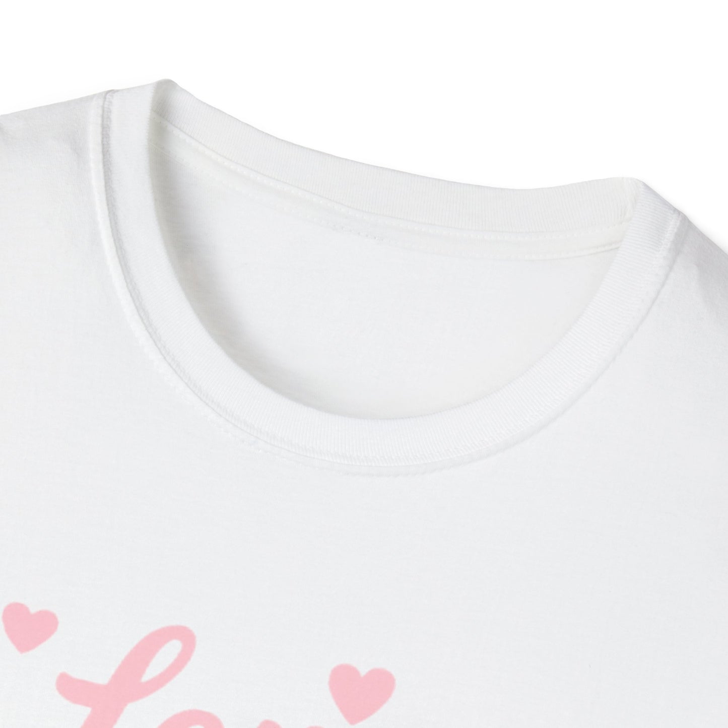 Love Your Neighbor T-Shirt — Pink Script Hearts Tee for Kindness & Community