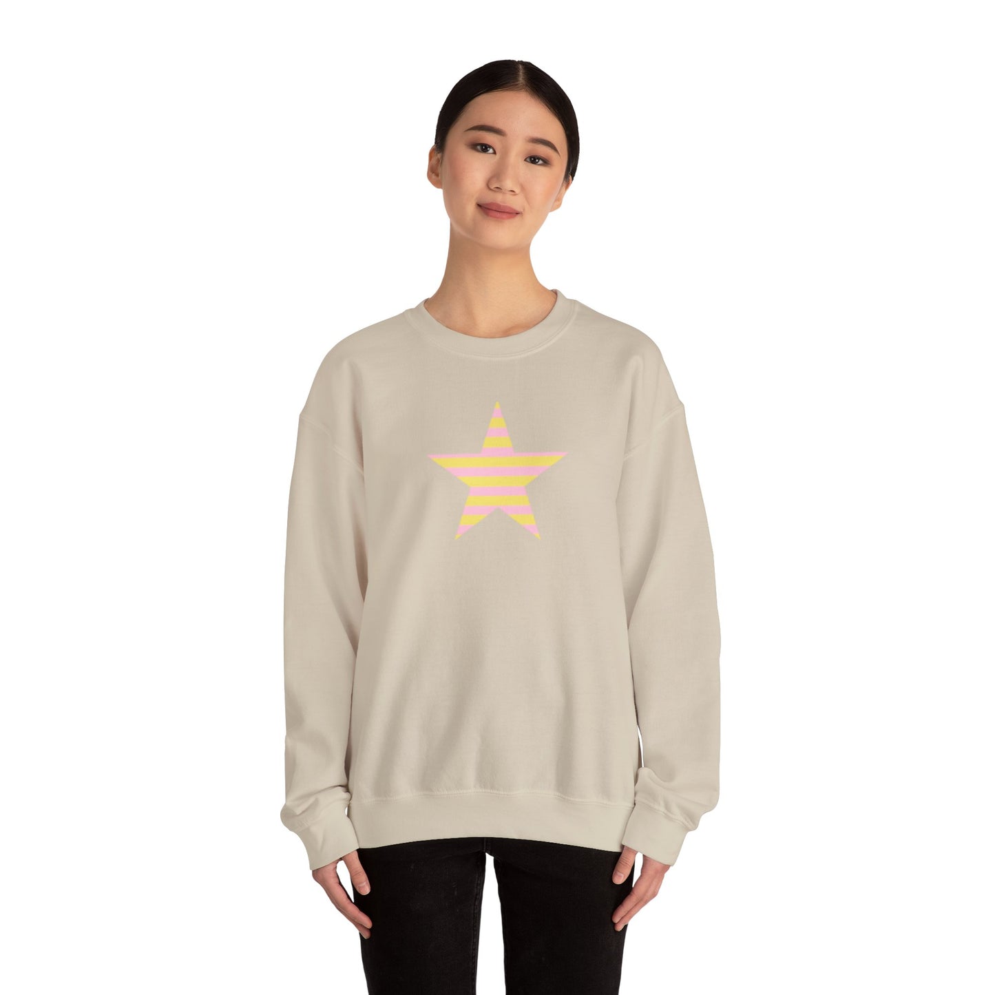 Star Stripe Crewneck — Pastel Pink & Yellow Graphic Sweatshirt