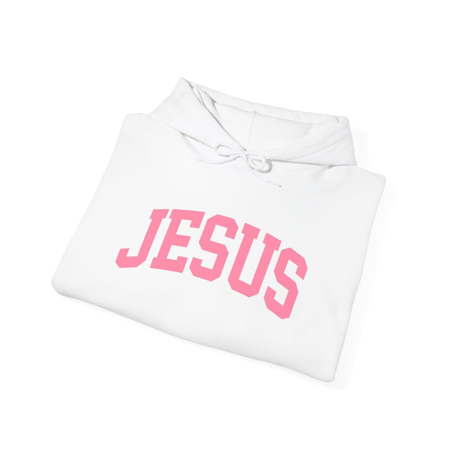 Jesus Arch Logo Hoodie — Pink Lettering Christian Faith Pullover
