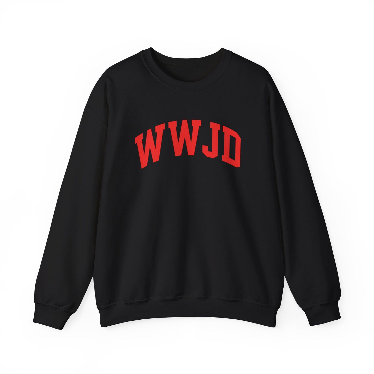 WWJD Crewneck Sweatshirt — Classic Red Lettering Christian Faith Pullover