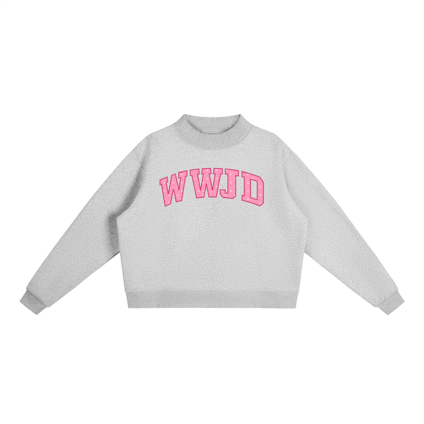 WWJD Pink Hearts Print Essential Fleece Mock-Neck Crew Sweatshirt