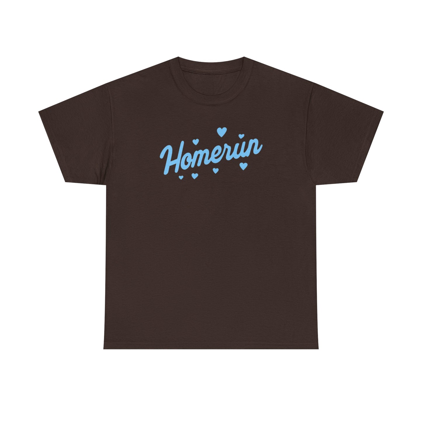 Homerun Tee — Retro Script Baseball Shirt with Blue Hearts