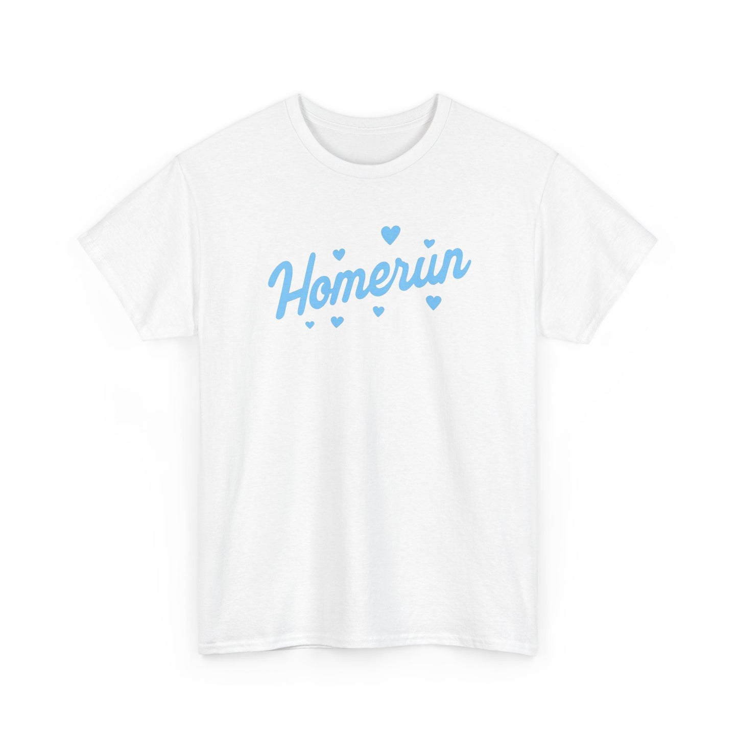 Homerun Tee — Retro Script Baseball Shirt with Blue Hearts