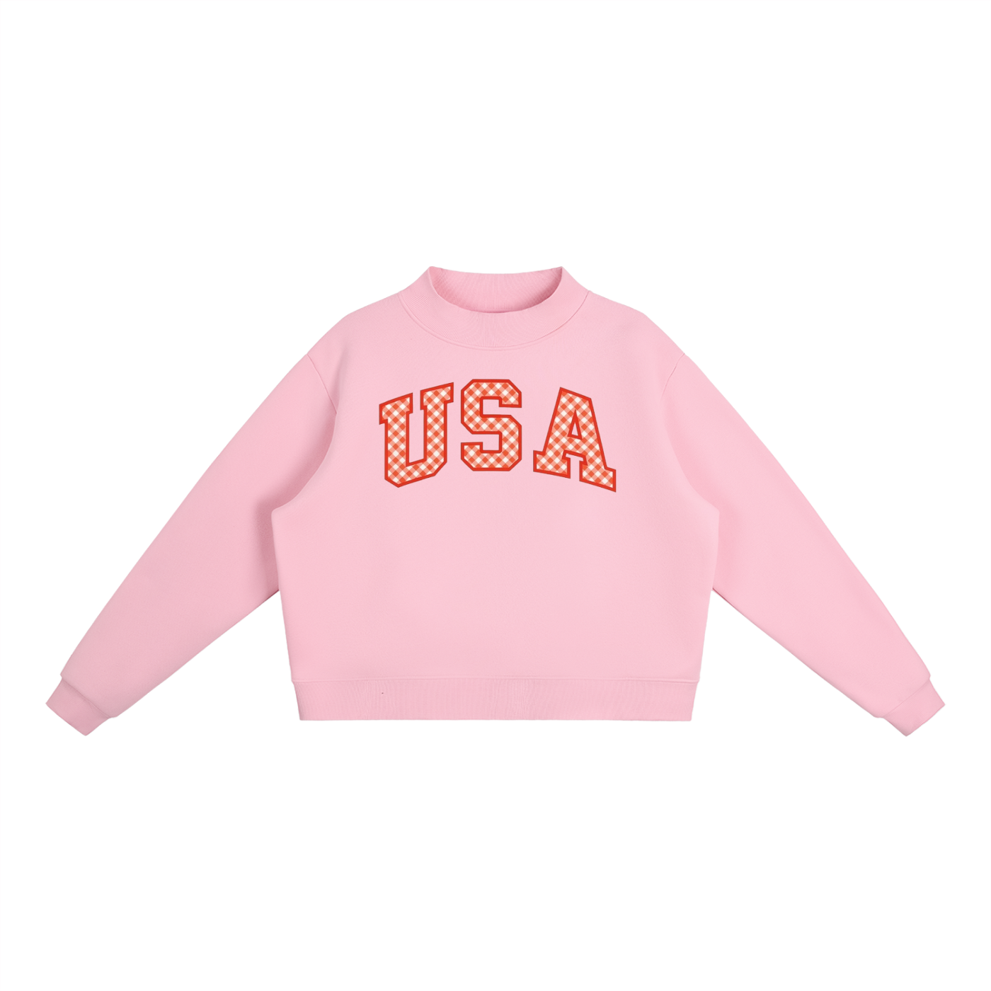 Gingham USA print Essential Fleece Mock-Neck Crew Sweatshirt
