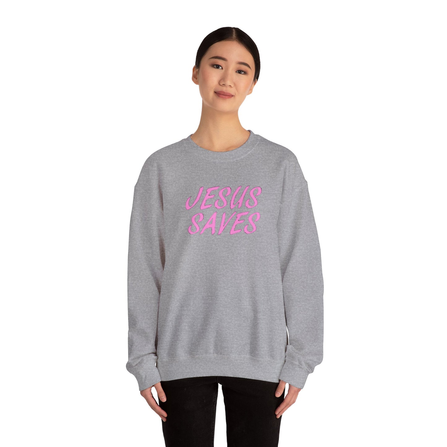 Jesus Saves Pink Script Crew neck — Christian Faith Graphic Tee