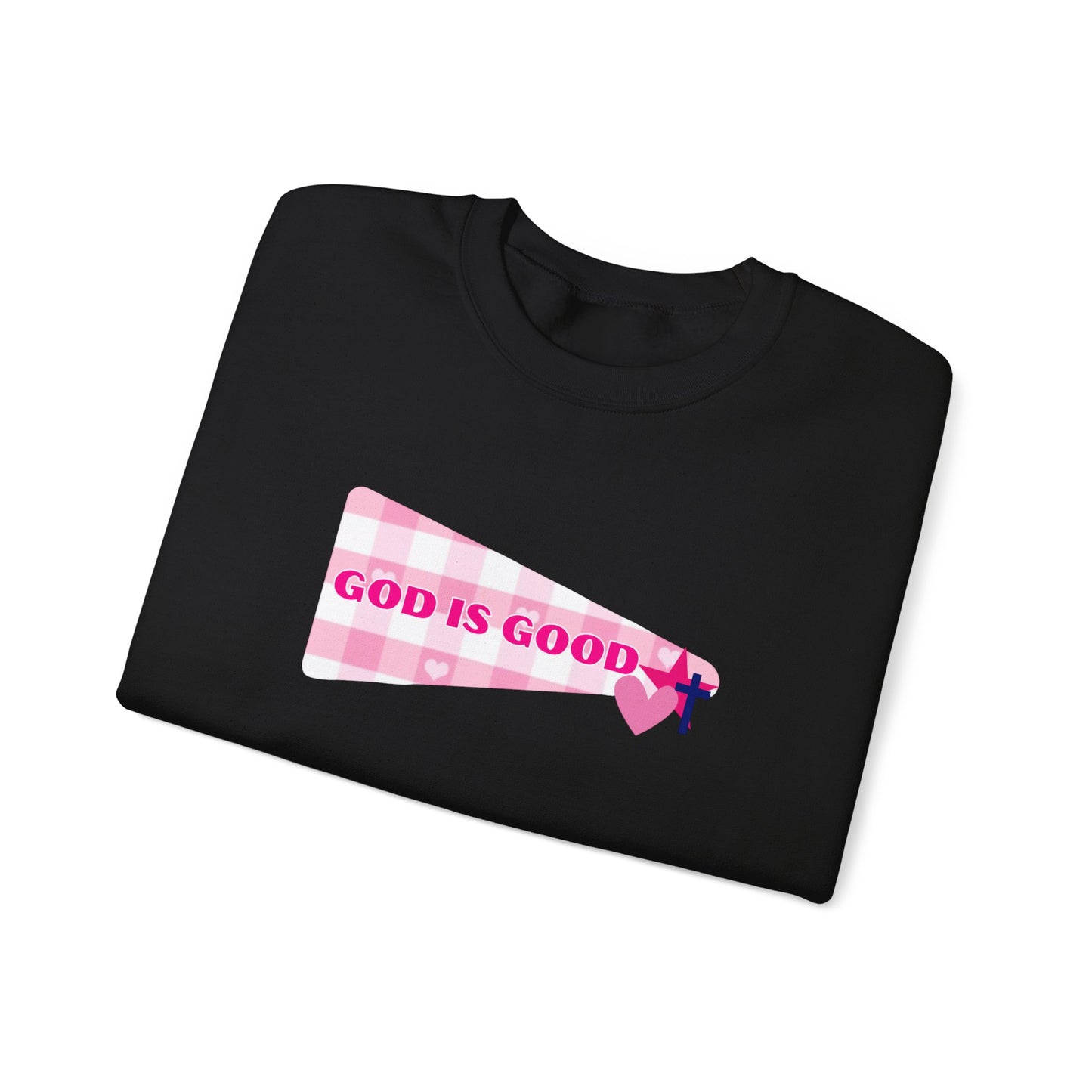 God Is Good Crewneck Sweatshirt — Pink Heart Faith Graphic