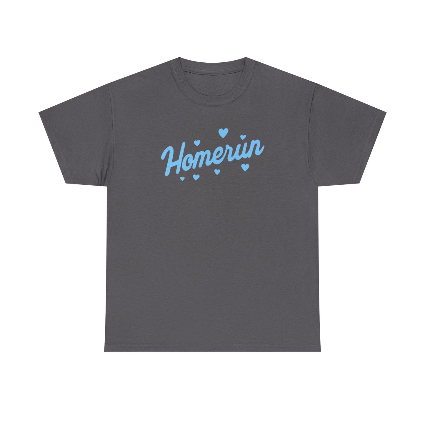 Homerun Tee — Retro Script Baseball Shirt with Blue Hearts