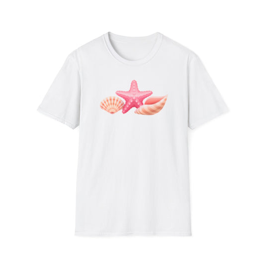 Seashell & Starfish Beach T-Shirt — Pink Coastal Summer Tee