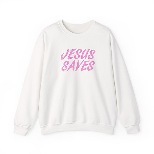 Jesus Saves Pink Script Crew neck — Christian Faith Graphic Tee