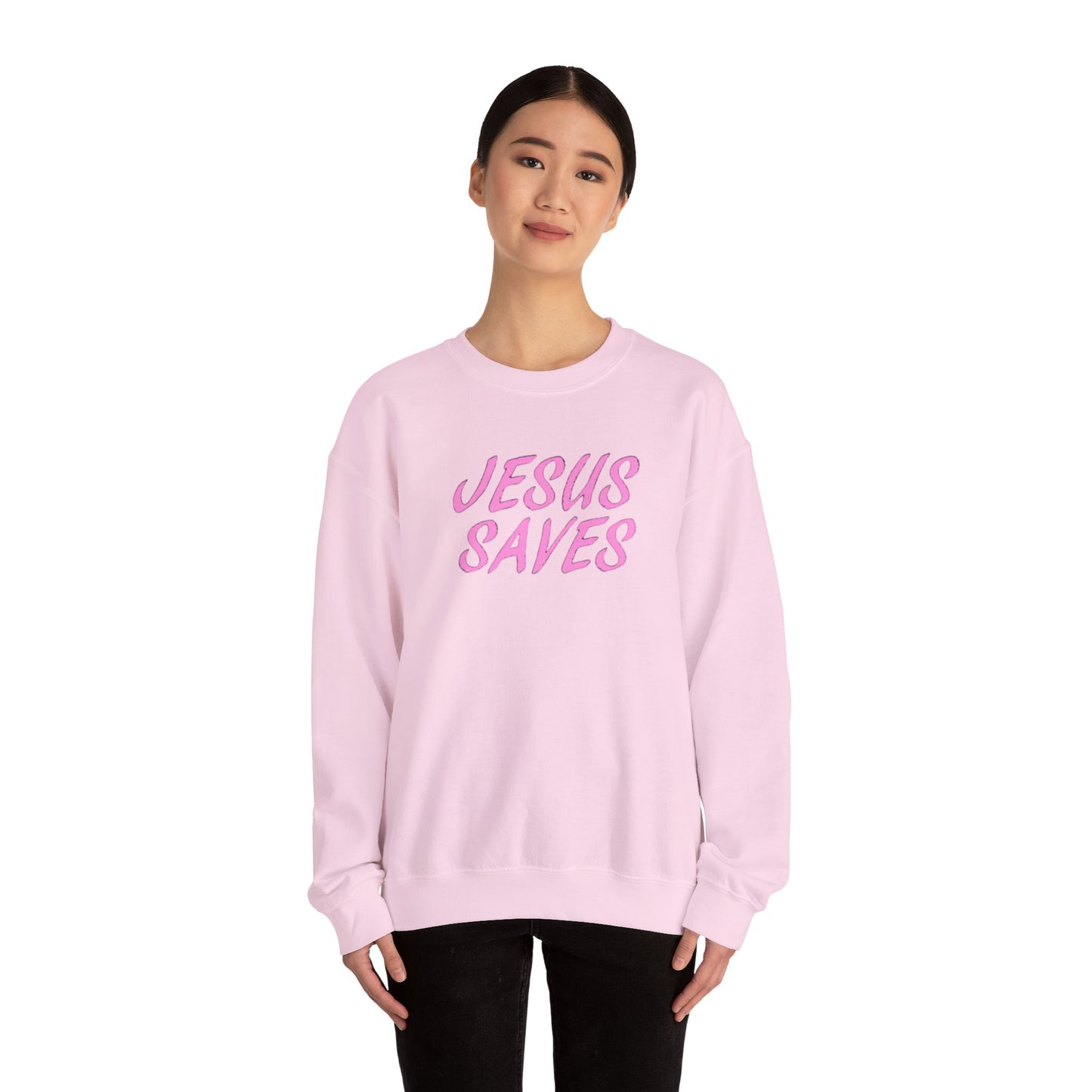 Jesus Saves Pink Script Crew neck — Christian Faith Graphic Tee