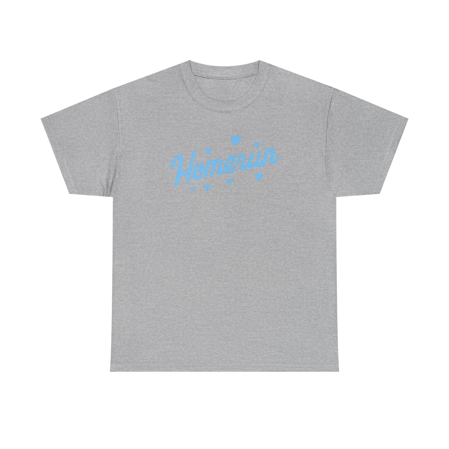 Homerun Tee — Retro Script Baseball Shirt with Blue Hearts
