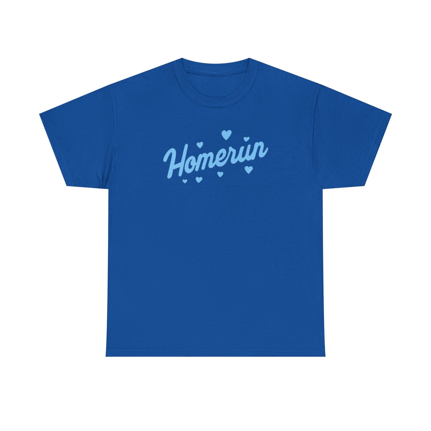 Homerun Tee — Retro Script Baseball Shirt with Blue Hearts