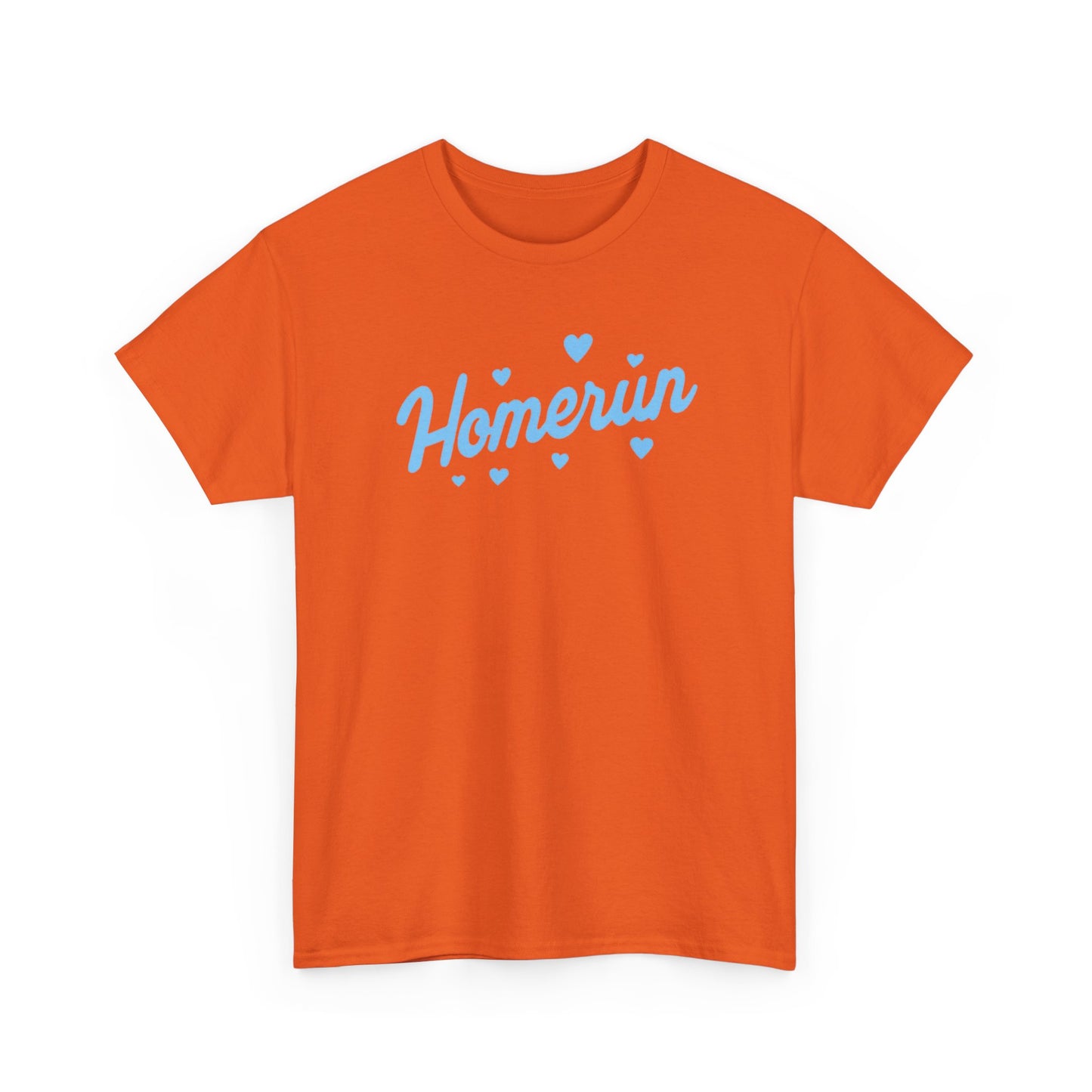 Homerun Tee — Retro Script Baseball Shirt with Blue Hearts
