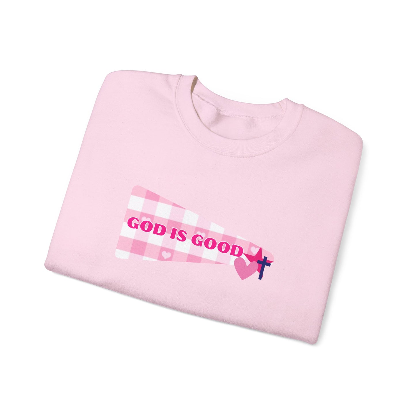 God Is Good Crewneck Sweatshirt — Pink Heart Faith Graphic