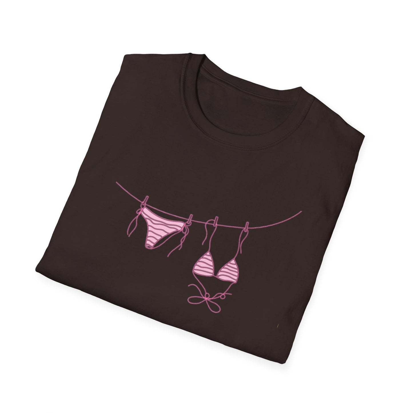 Bikini Line Graphic T‑Shirt – Pink Swimsuit Clothesline Tee
