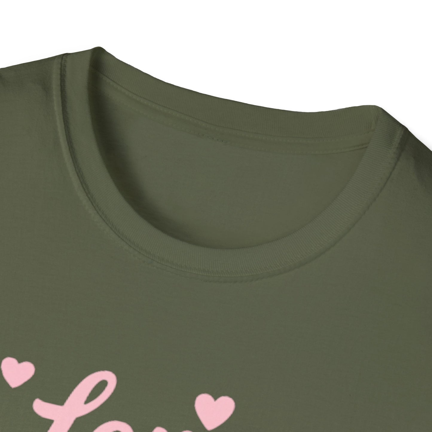 Love Your Neighbor T-Shirt — Pink Script Hearts Tee for Kindness & Community