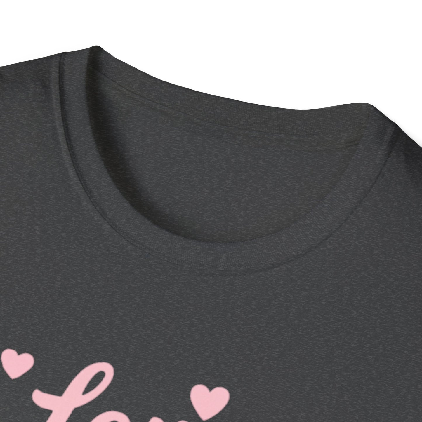 Love Your Neighbor T-Shirt — Pink Script Hearts Tee for Kindness & Community