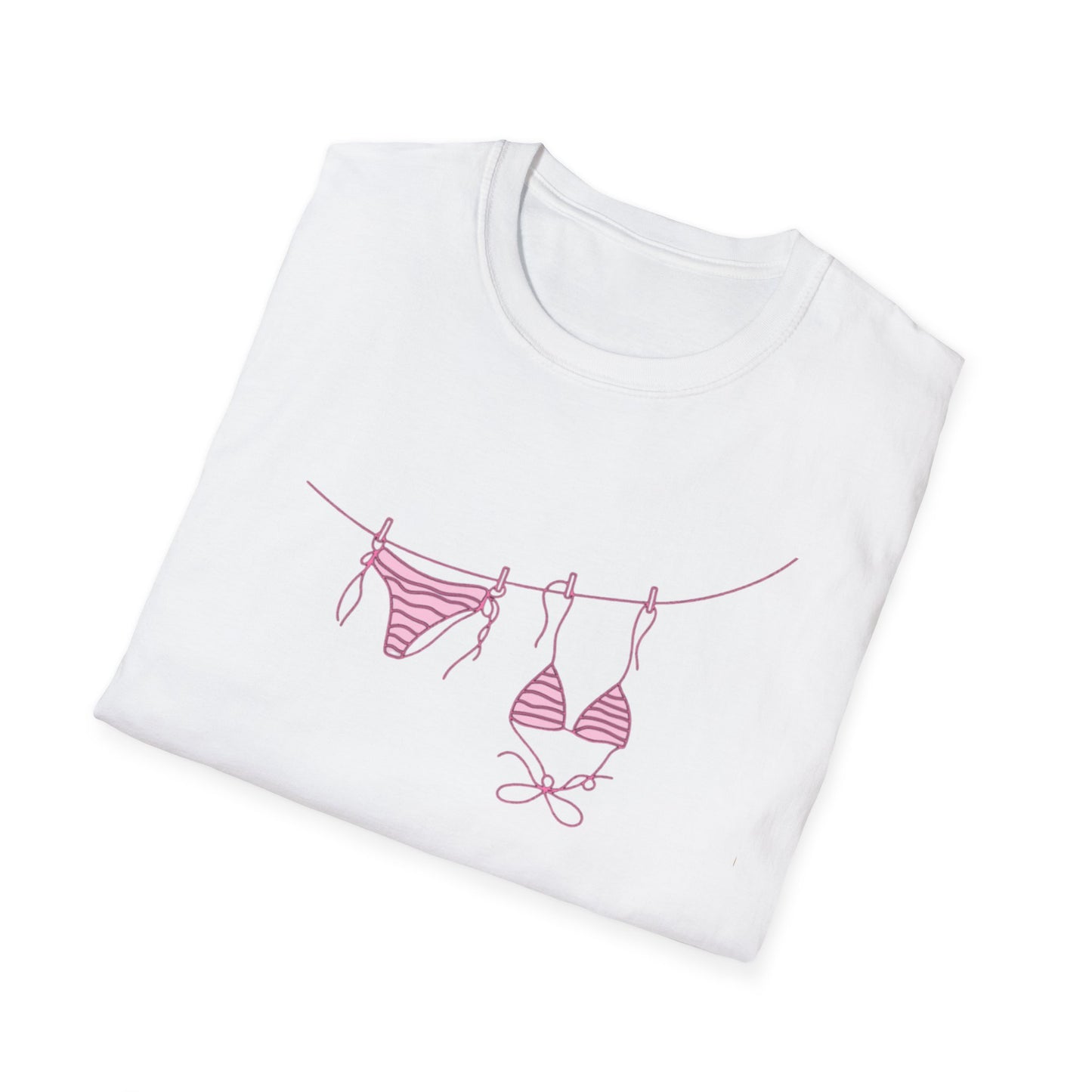Bikini Line Graphic T‑Shirt – Pink Swimsuit Clothesline Tee