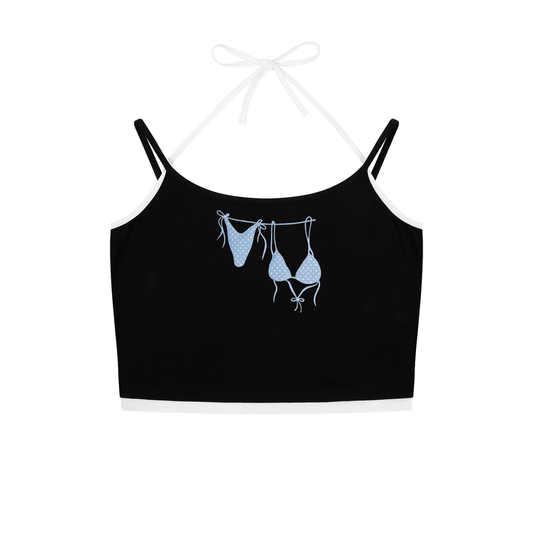 Blue Bikini Contrast Binding Halter Tank Top