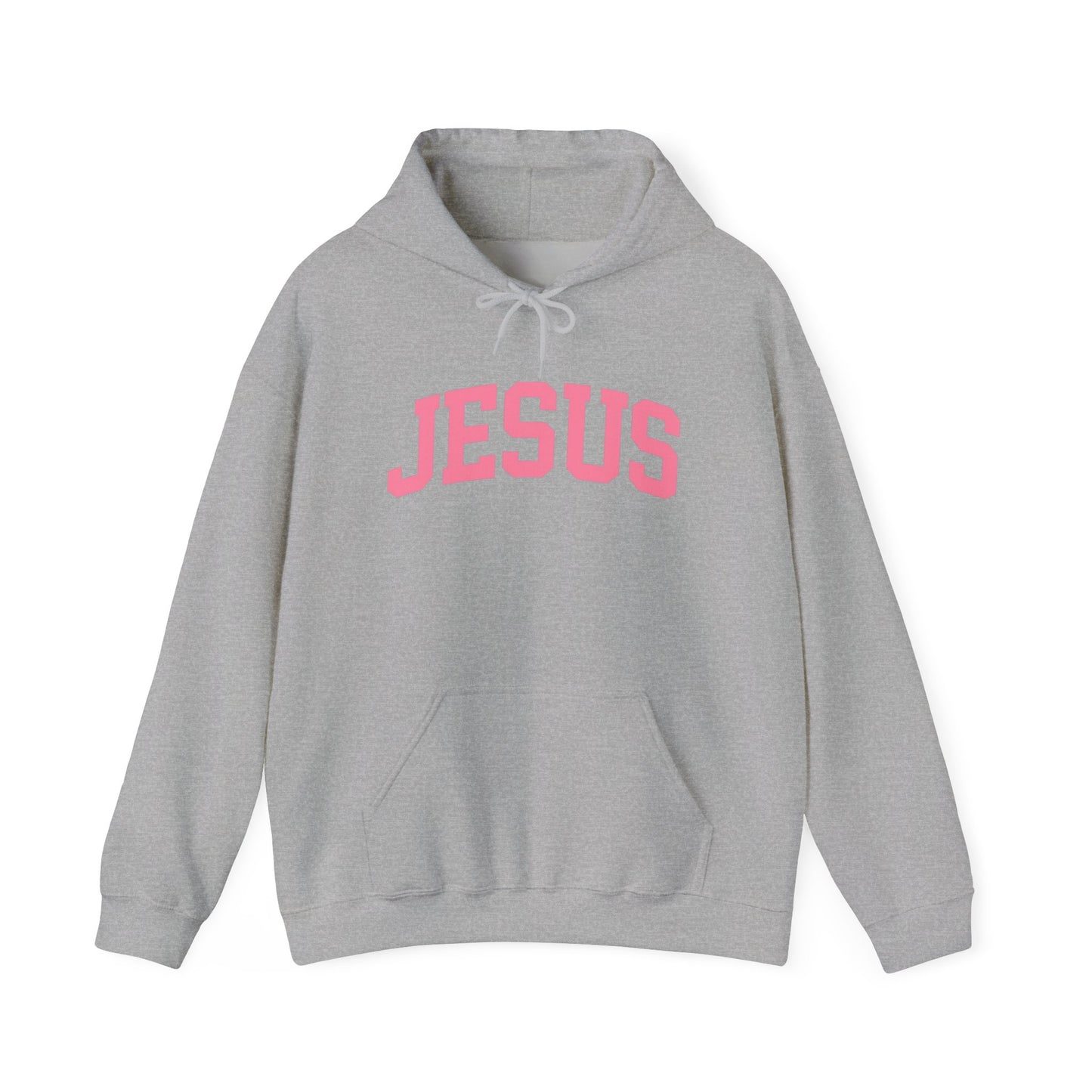 Jesus Arch Logo Hoodie — Pink Lettering Christian Faith Pullover