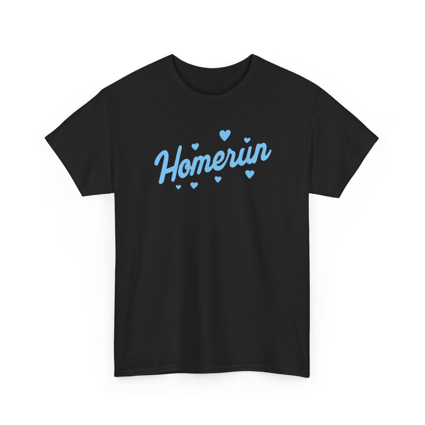Homerun Tee — Retro Script Baseball Shirt with Blue Hearts