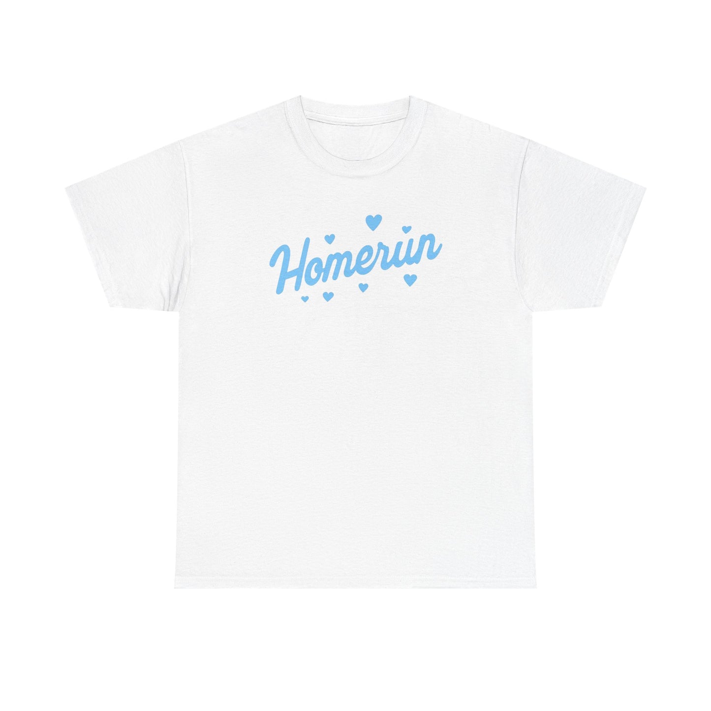 Homerun Tee — Retro Script Baseball Shirt with Blue Hearts