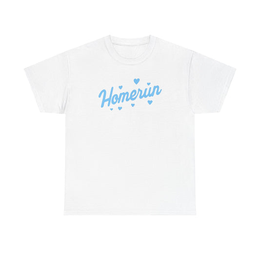 Homerun Tee — Retro Script Baseball Shirt with Blue Hearts