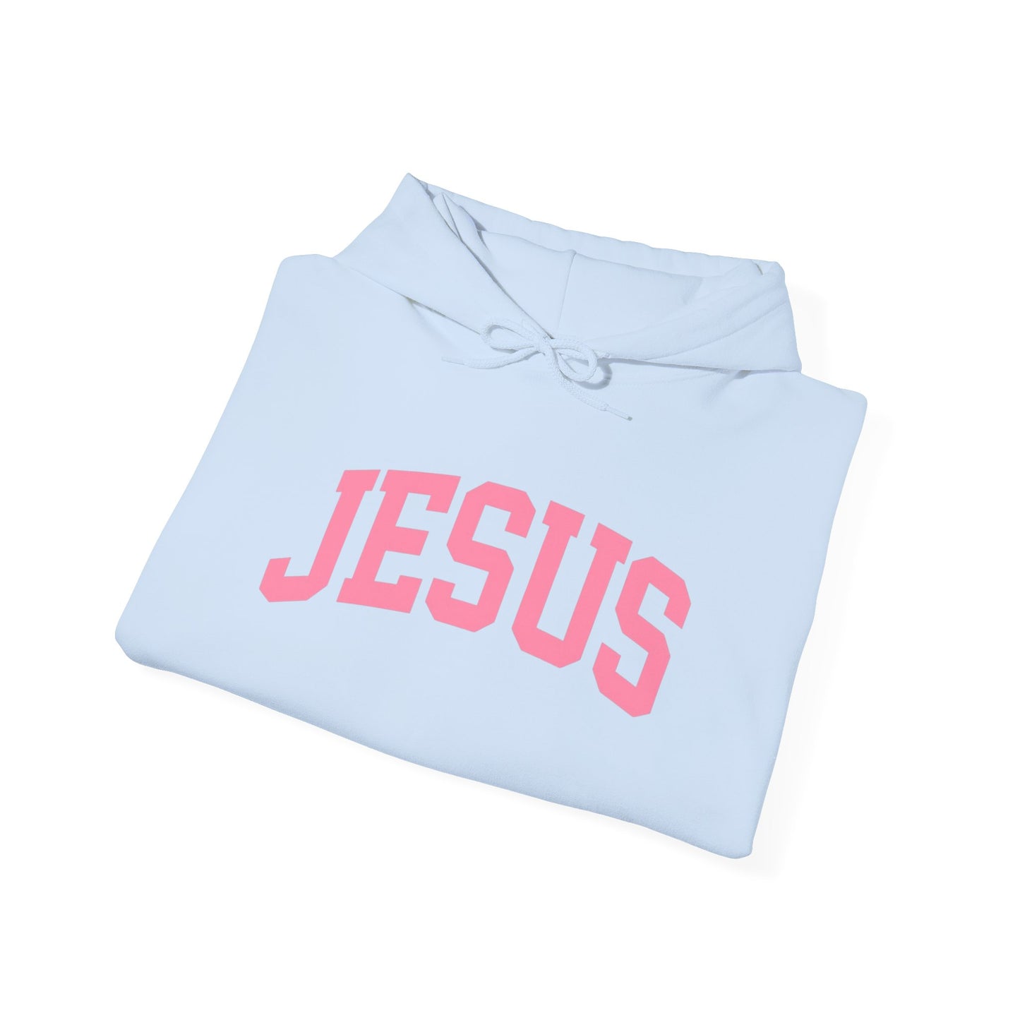 Jesus Arch Logo Hoodie — Pink Lettering Christian Faith Pullover