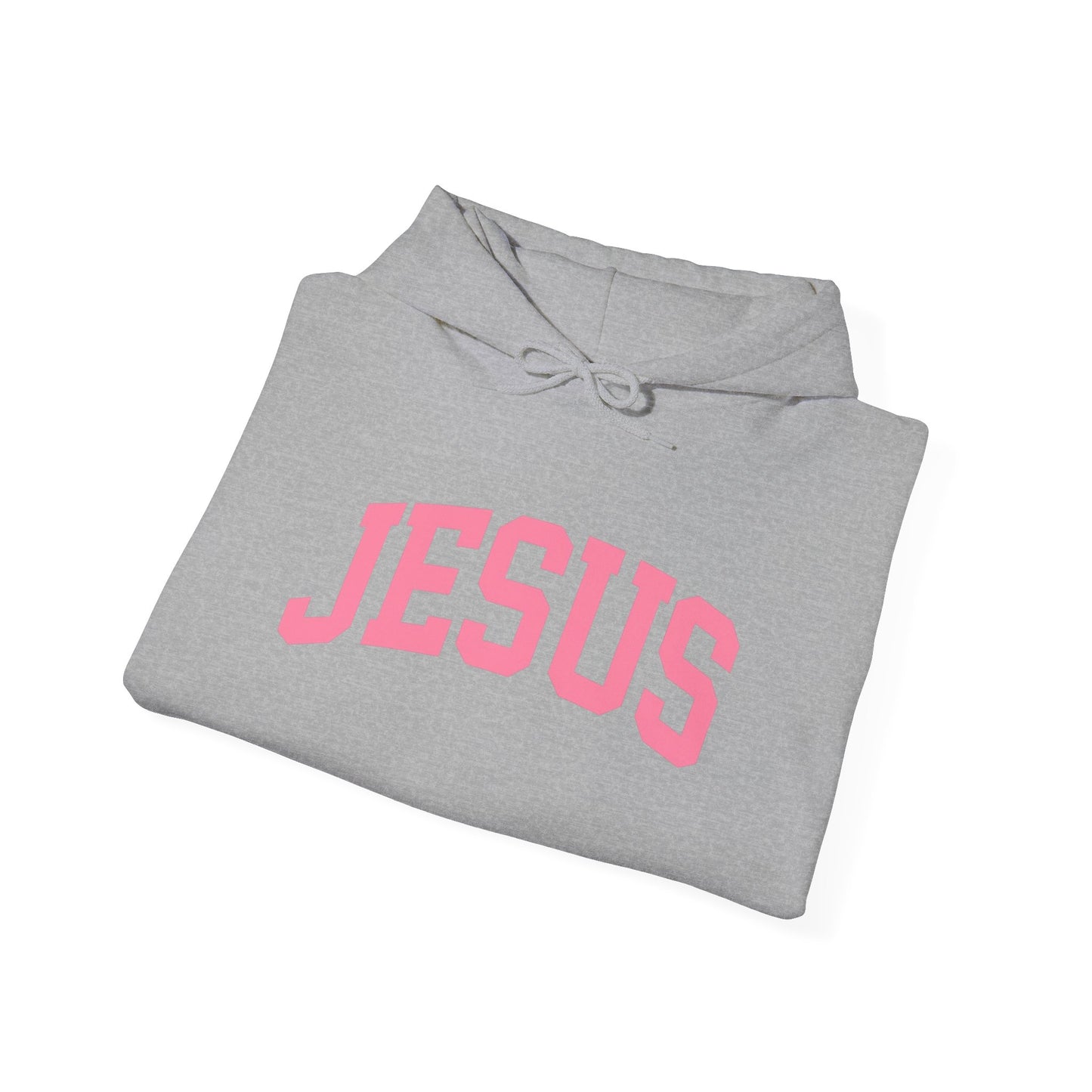 Jesus Arch Logo Hoodie — Pink Lettering Christian Faith Pullover