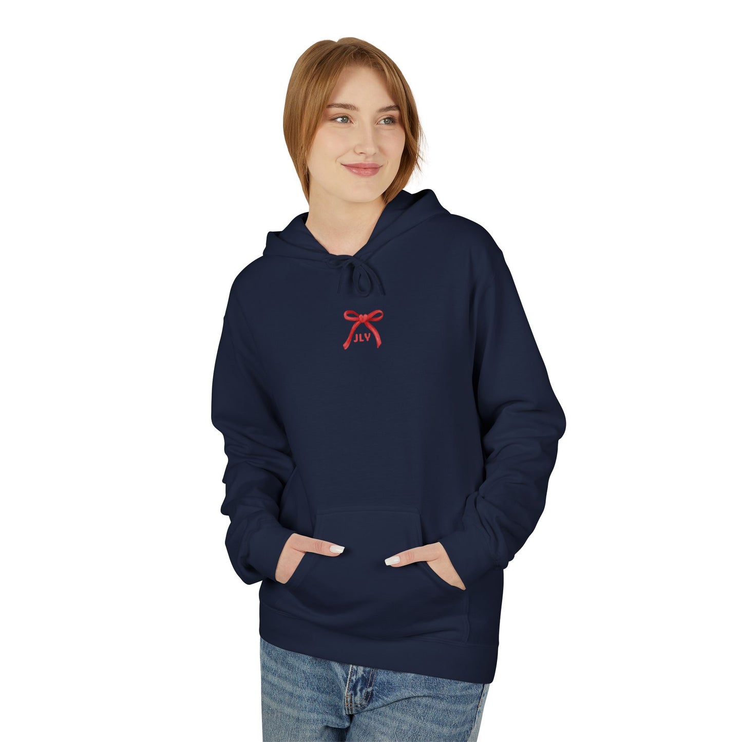 Chic Fleece Hoodie with JLY Bow Design - Perfect for Gift Giving, Cozy Casual Wear, Holiday Celebrations, Unisex Style, Everyday Comfort