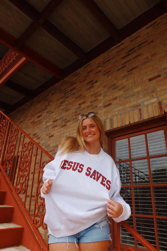 JESUS SAVES WHITE MOCK NECK