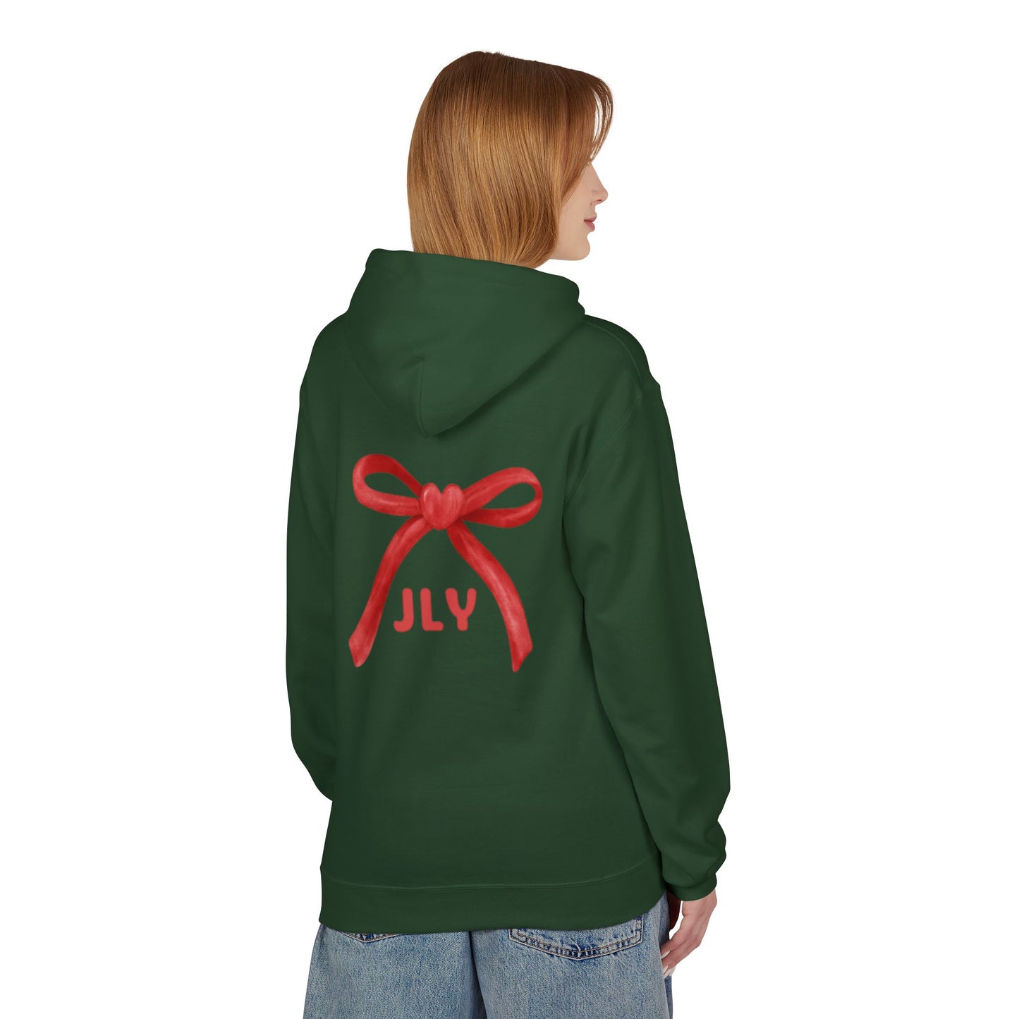 Chic Fleece Hoodie with JLY Bow Design - Perfect for Gift Giving, Cozy Casual Wear, Holiday Celebrations, Unisex Style, Everyday Comfort