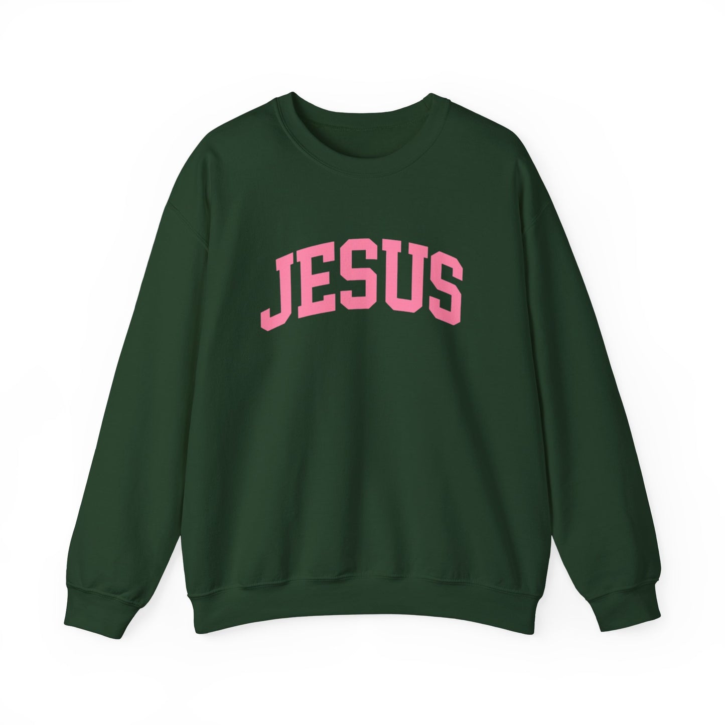 Jesus Crewneck Sweatshirt — Pink Collegiate Faith Graphic