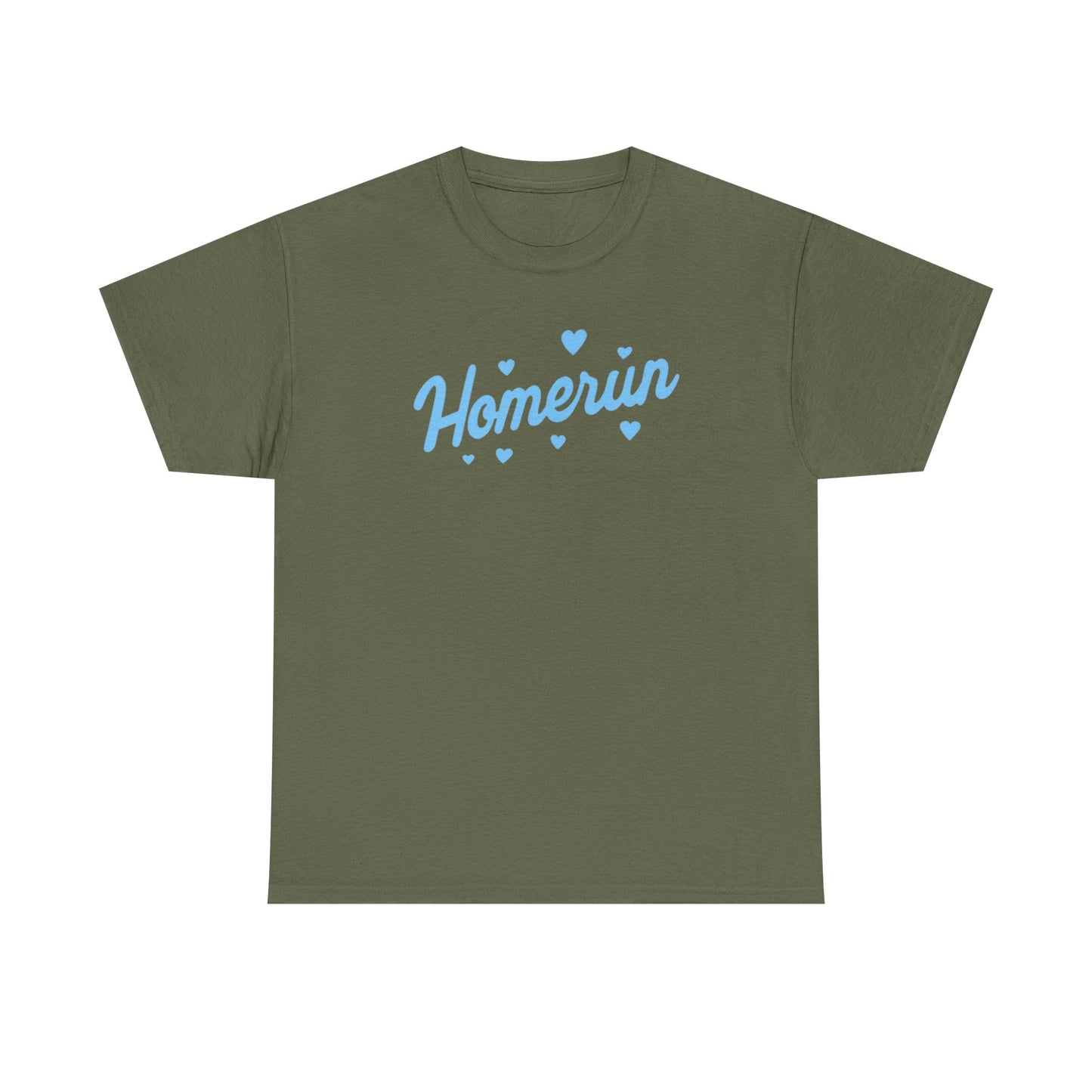 Homerun Tee — Retro Script Baseball Shirt with Blue Hearts