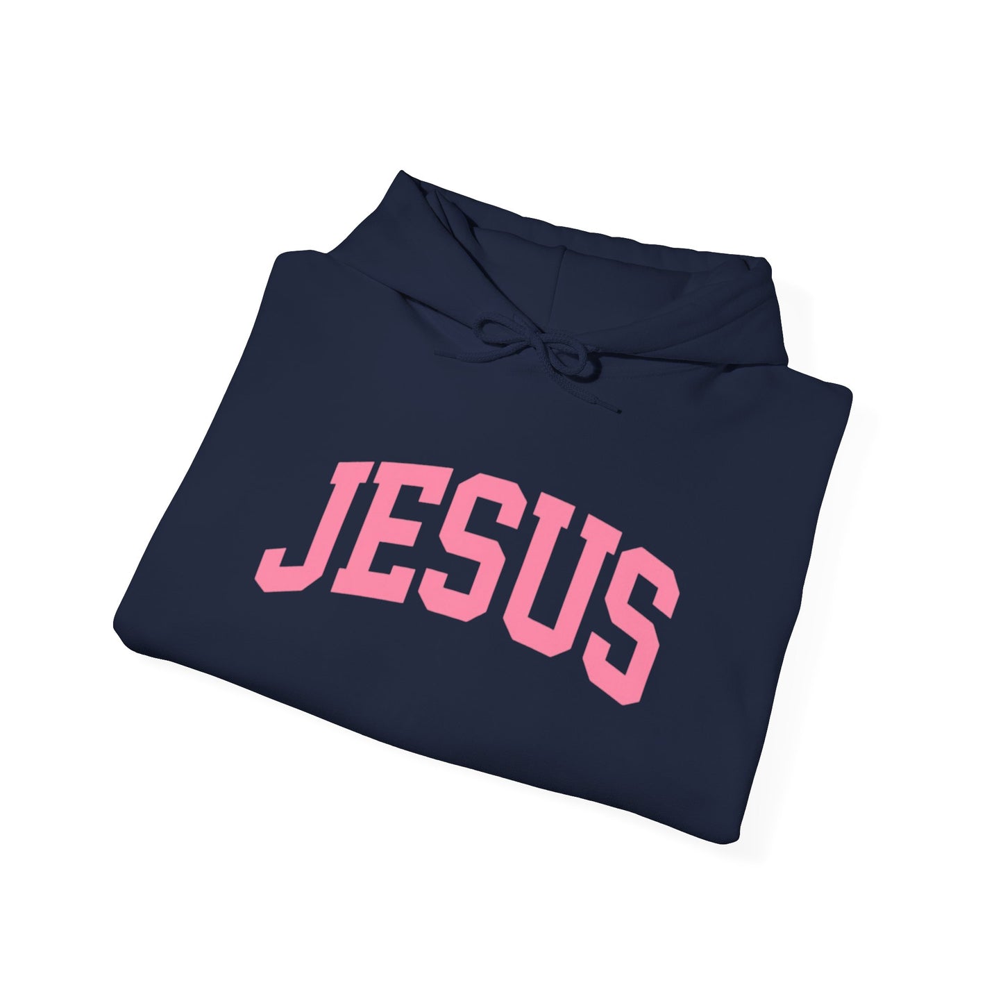 Jesus Arch Logo Hoodie — Pink Lettering Christian Faith Pullover