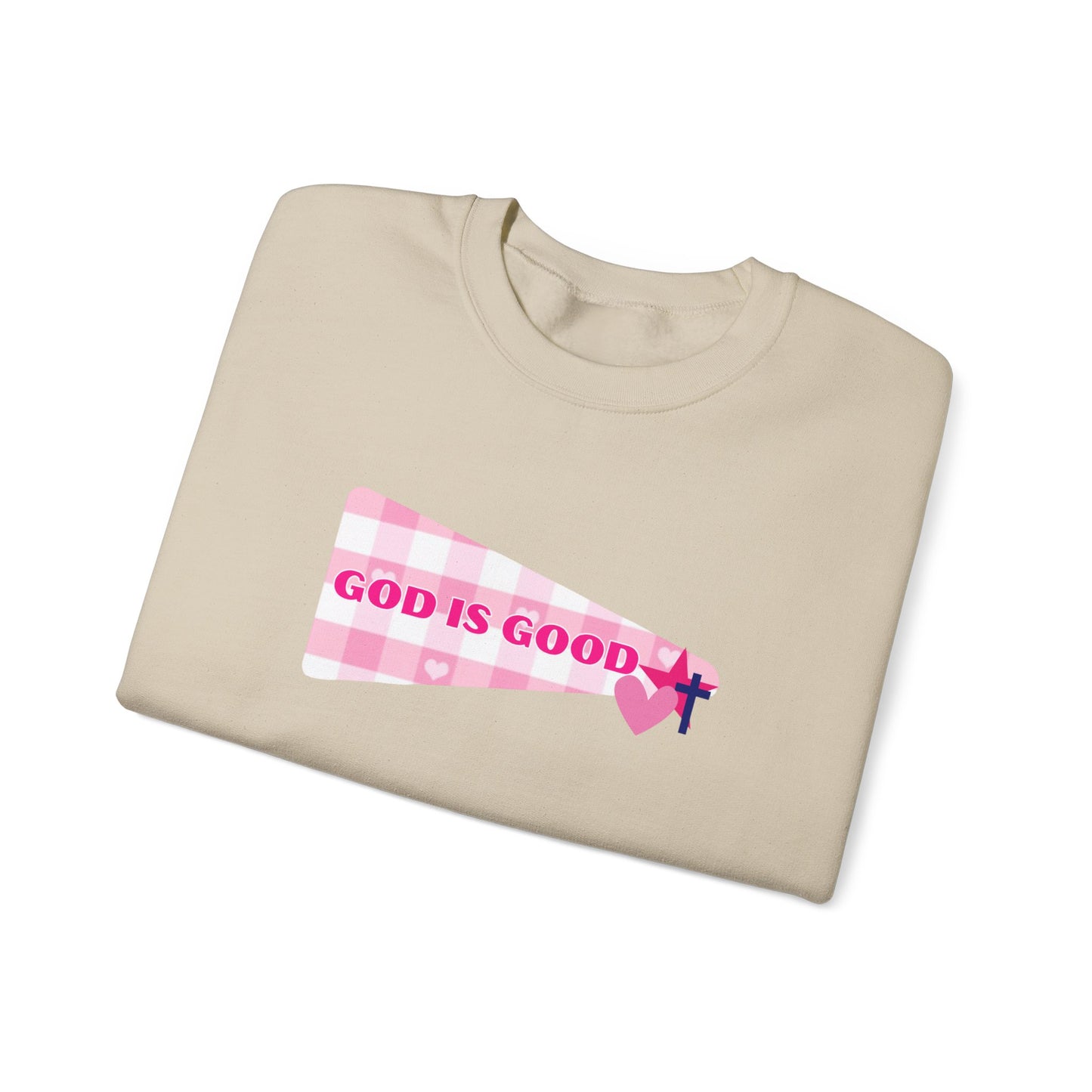 God Is Good Crewneck Sweatshirt — Pink Heart Faith Graphic