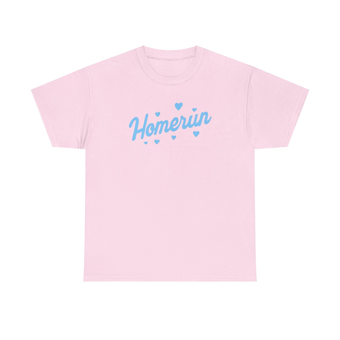 Homerun Tee — Retro Script Baseball Shirt with Blue Hearts