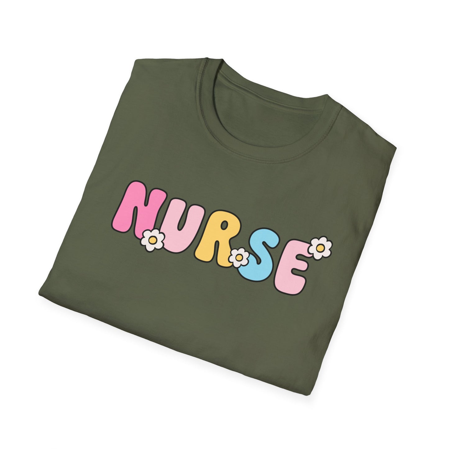 Nurse Daisy Retro Bubble Letter T-Shirt — Cute Pastel Floral Nursing Tee