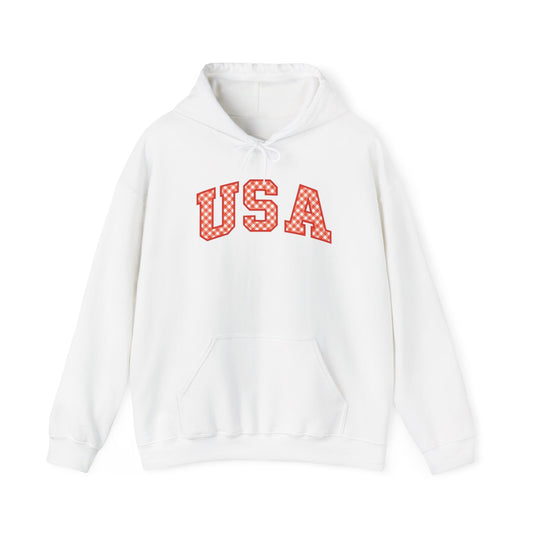 USA Checkerboard Hoodie – Retro Patriotic Graphic Sweatshirt