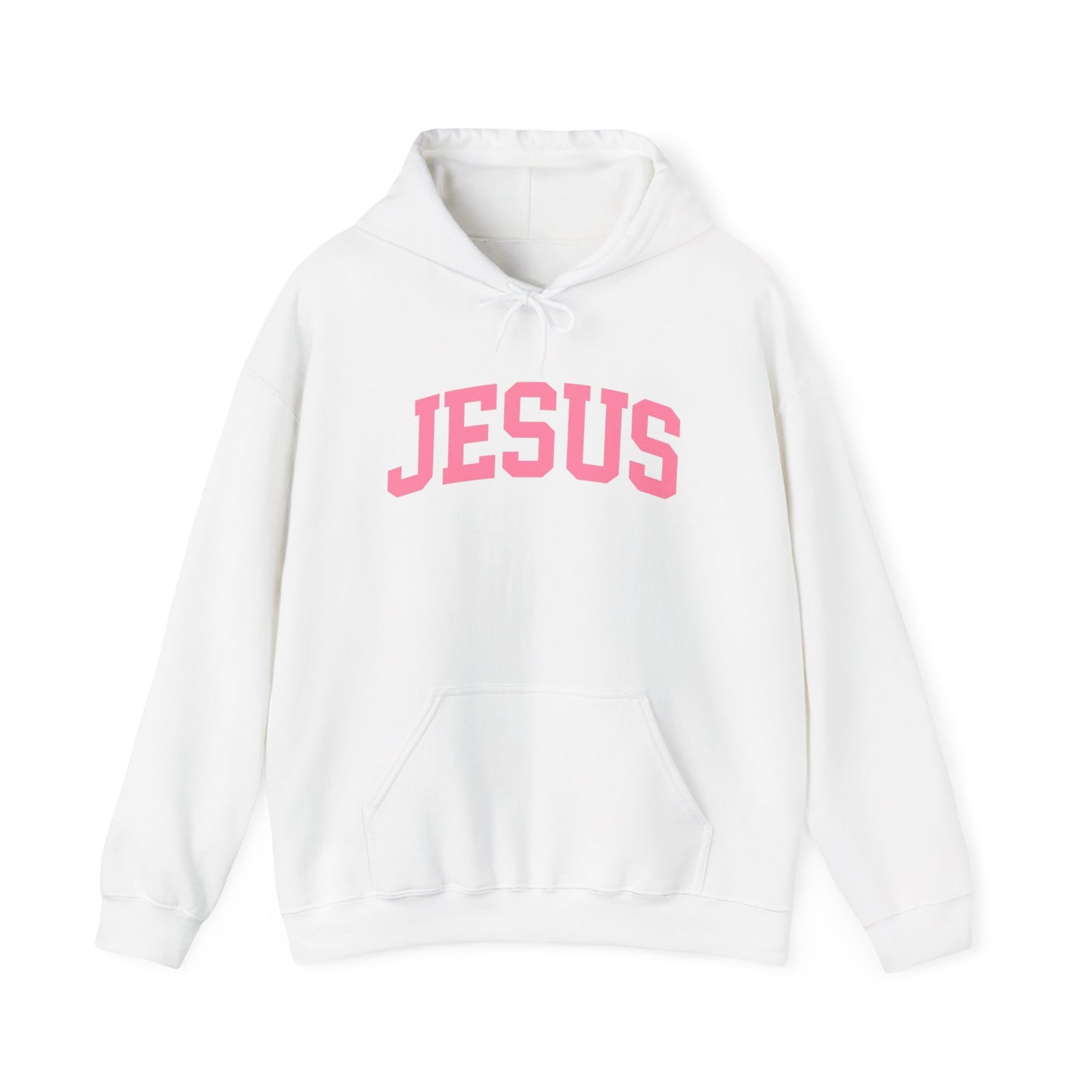 Jesus Arch Logo Hoodie — Pink Lettering Christian Faith Pullover