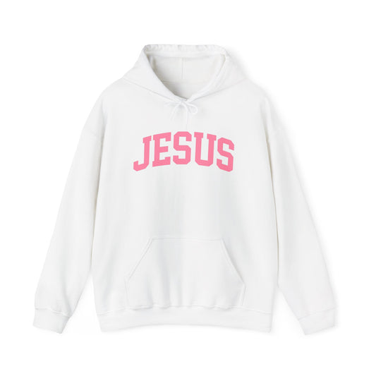 Jesus Arch Logo Hoodie — Pink Lettering Christian Faith Pullover