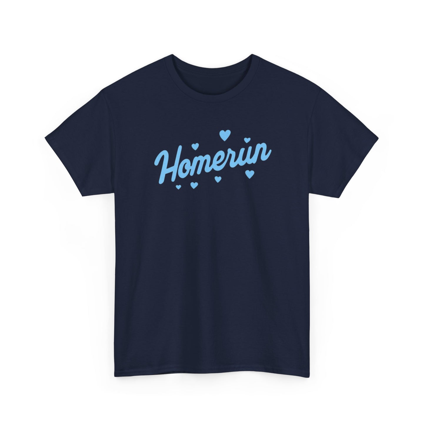 Homerun Tee — Retro Script Baseball Shirt with Blue Hearts