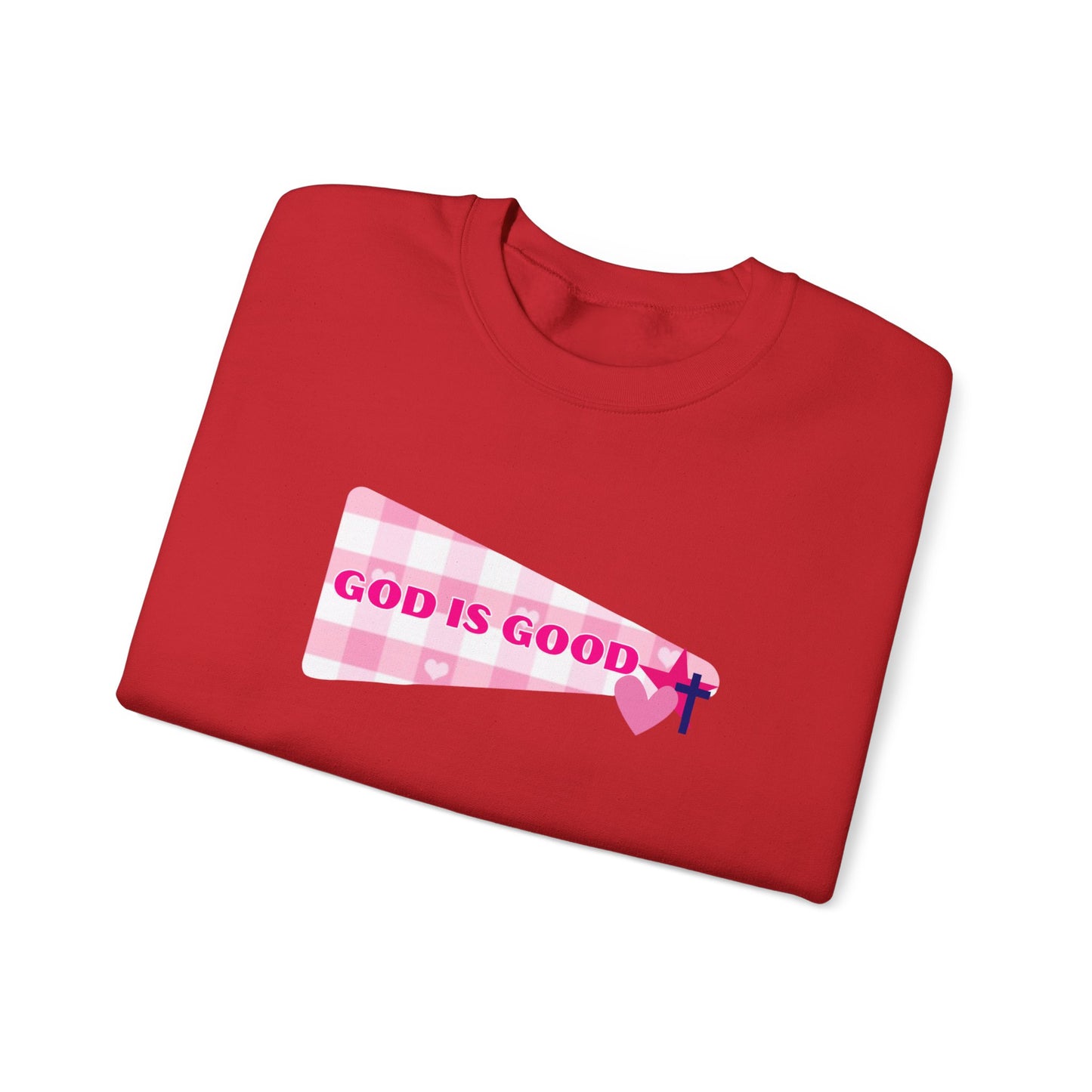 God Is Good Crewneck Sweatshirt — Pink Heart Faith Graphic