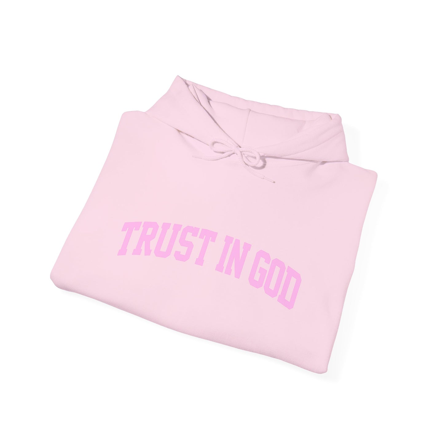 Trust In God Hoodie — White Pullover with Pink Faith Graphic
