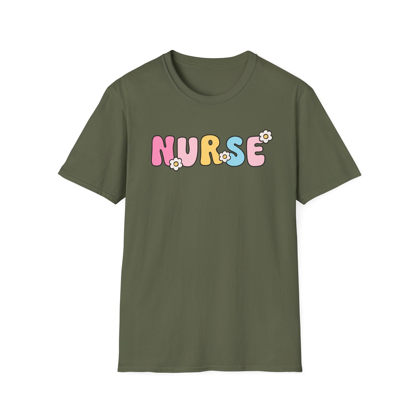 Nurse Daisy Retro Bubble Letter T-Shirt — Cute Pastel Floral Nursing Tee