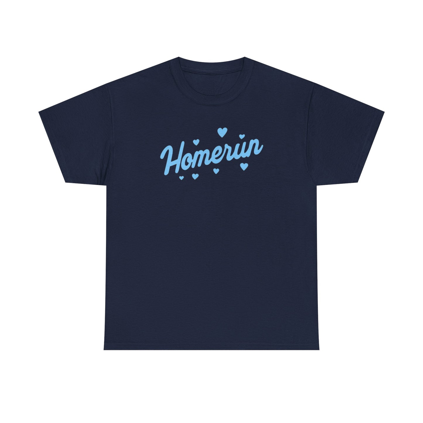 Homerun Tee — Retro Script Baseball Shirt with Blue Hearts